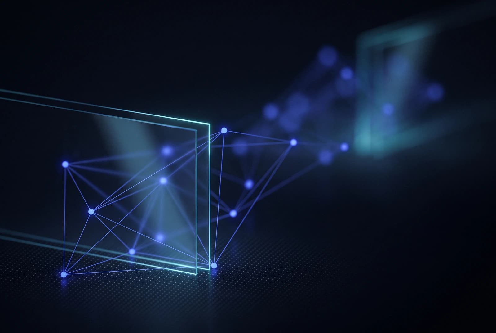 Abstract artwork: glowing points joined by taut lines into a connected graph, sharp in front and dissolving into haze behind.