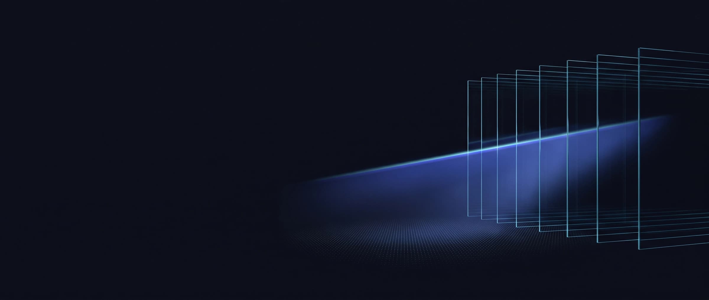 Abstract artwork: a receding stack of translucent glass panes, lit edge-on by a single beam of blue light.