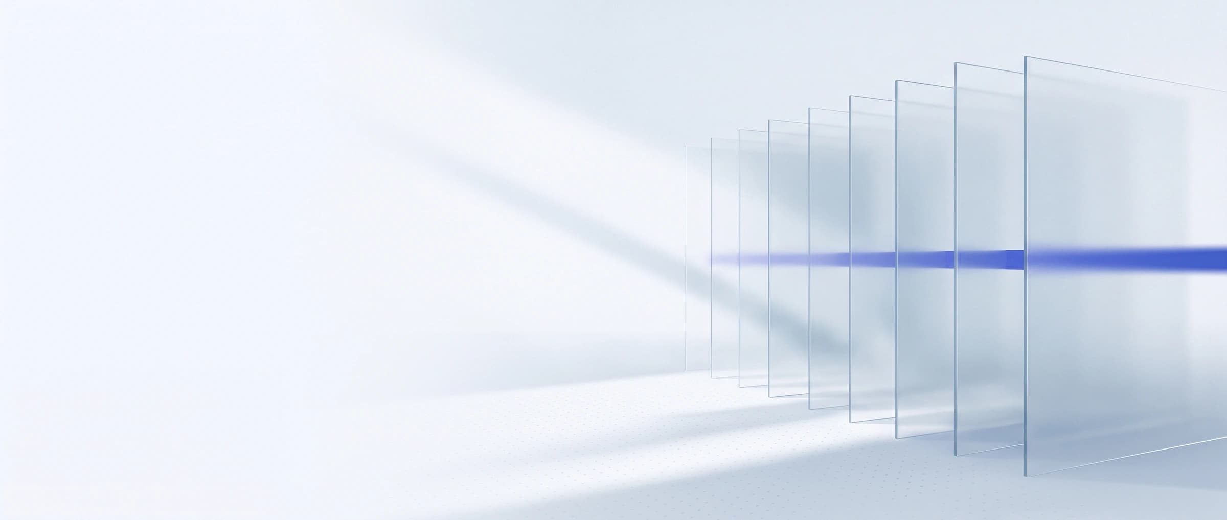 Abstract artwork: a receding stack of translucent glass panes, lit edge-on by a single beam of blue light.
