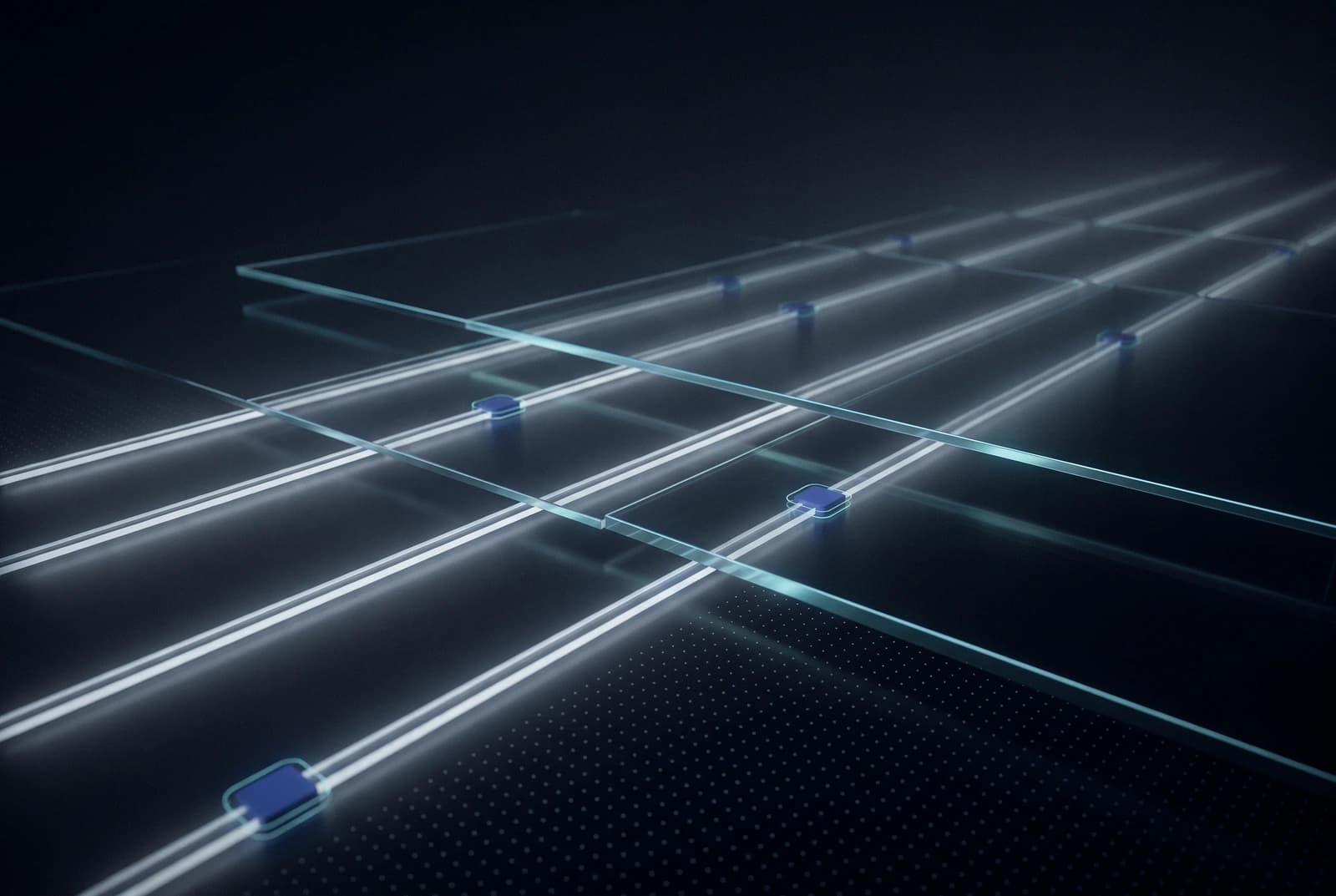 Abstract artwork: parallel rails of light receding into depth, with small markers sitting at different points along each lane.