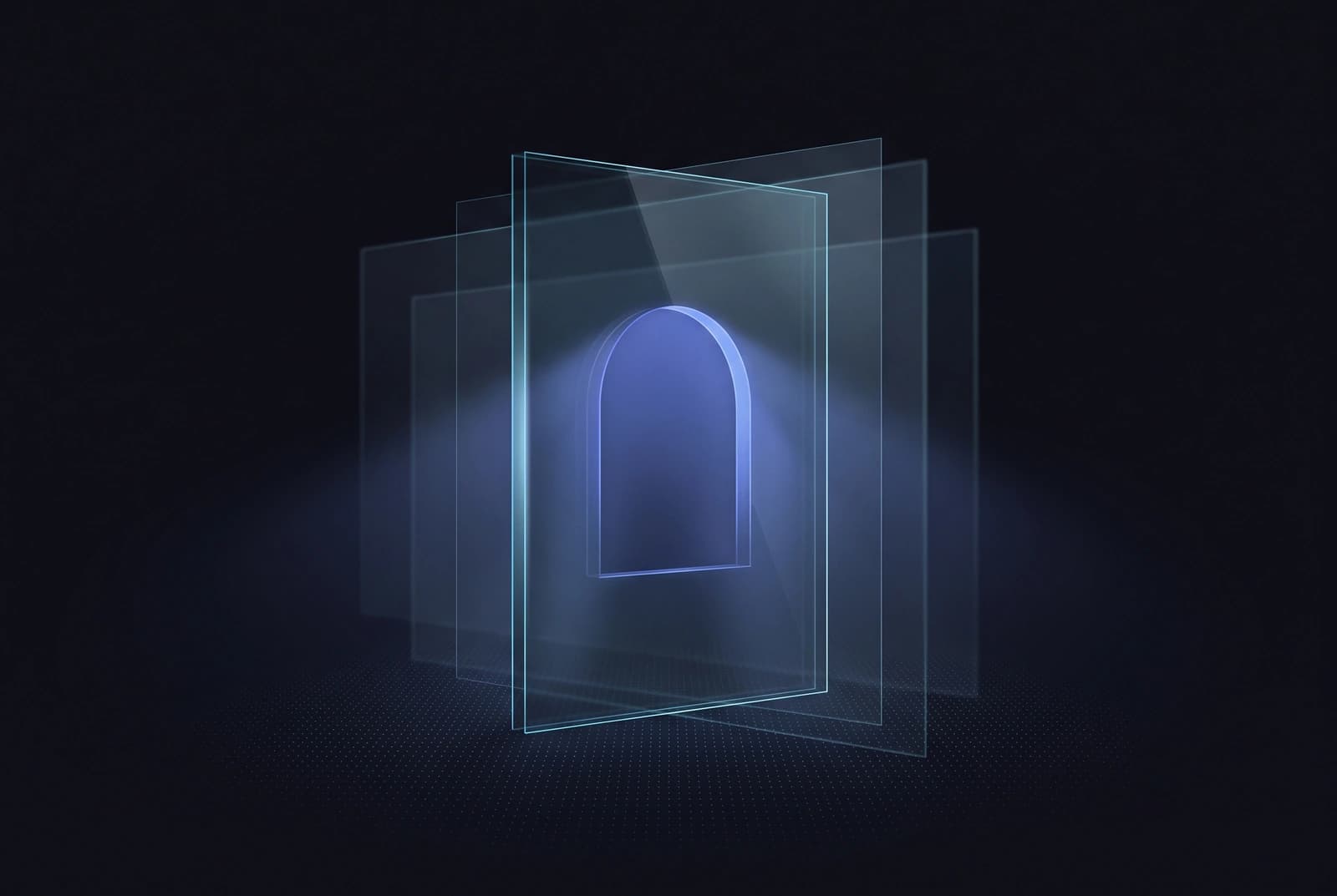 Abstract artwork: a single upright glass pane with a lit archway cut through it, light passing only through the opening.